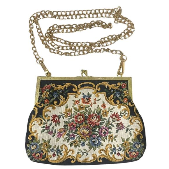 Vintage Handbags - Floral Tapestry Handbag Metal Frame Evening Bag Chain Strap Kisslock Vintage
